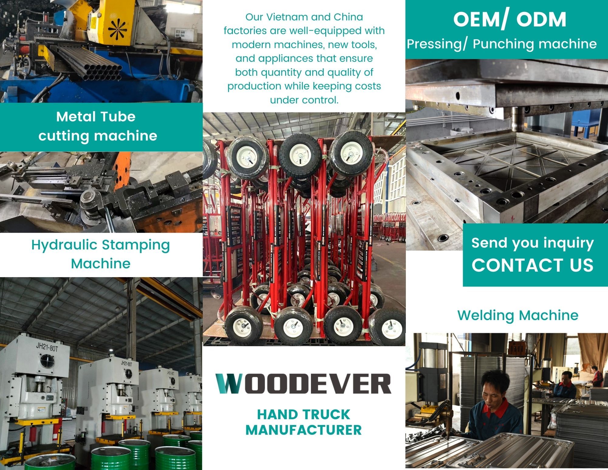 โรงงานของเรามีเครื่องจักรในการผลิตโลหะและพลาสติกสำหรับรถเข็นมือ, รถเข็น, รถเข็นแพลตฟอร์มเตะ